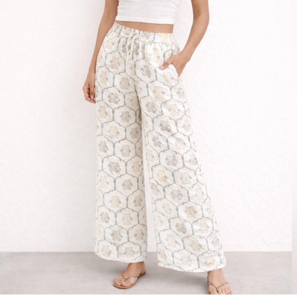 Rachel Zoe Linen Pants with Green Floral Tile Print